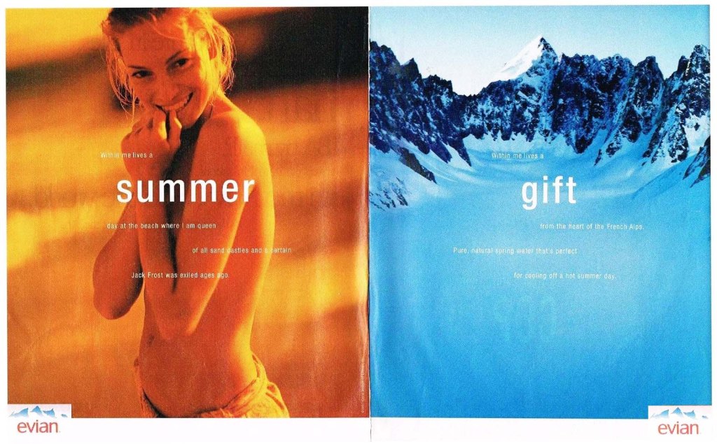 Publicité evian - À gauche, femme à demi-nue dans des tons orangés avec la mention "summer" - À droite, Paysage de montage avec des tons bleutés avec l'accroche "gift" — Double-page - 1997