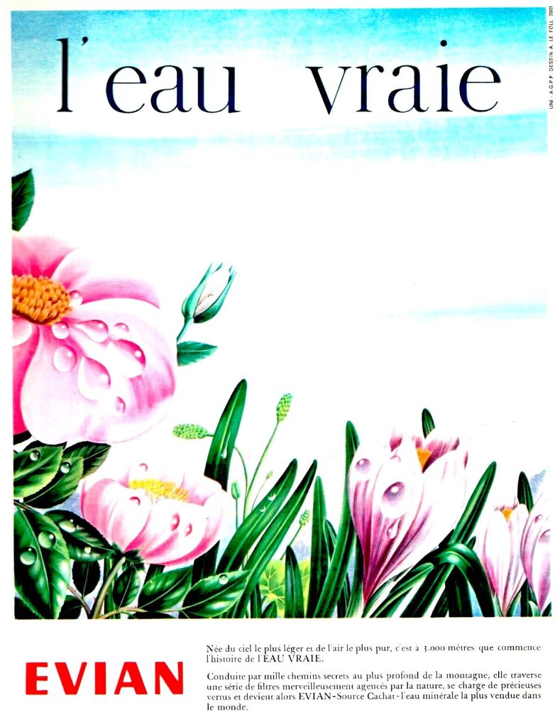 Publicité EVIAN - L'eau vraie - Illustration de fleurs roses - 1964