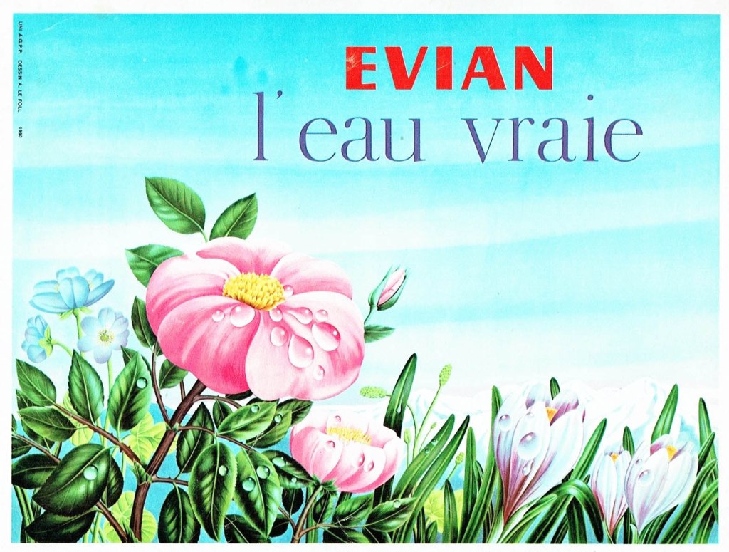 Publicité EVIAN- L'eau vraie - Illustration de fleurs roses - 1964 - Affiche horizontale