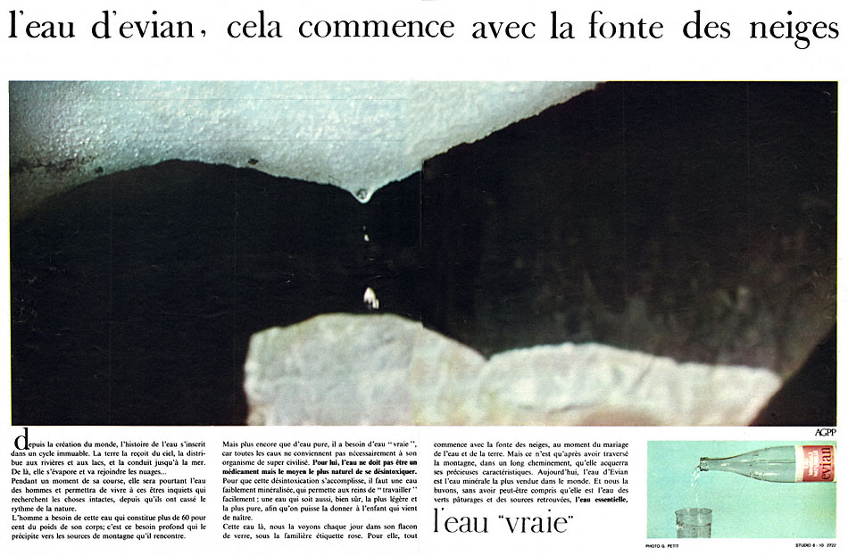 Publicité evian - L'eau d'evian, cela commence par la fonte des neiges - Image de la neige fondant - long rédactionnel sur 3 colonnes - 1966