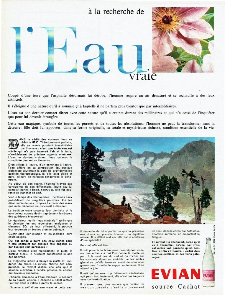 Publicité EVIAN - L'eau vraie - noir et blanc - Illustration de fleurs - Forme de publireportage - image représentant un glacier 1964