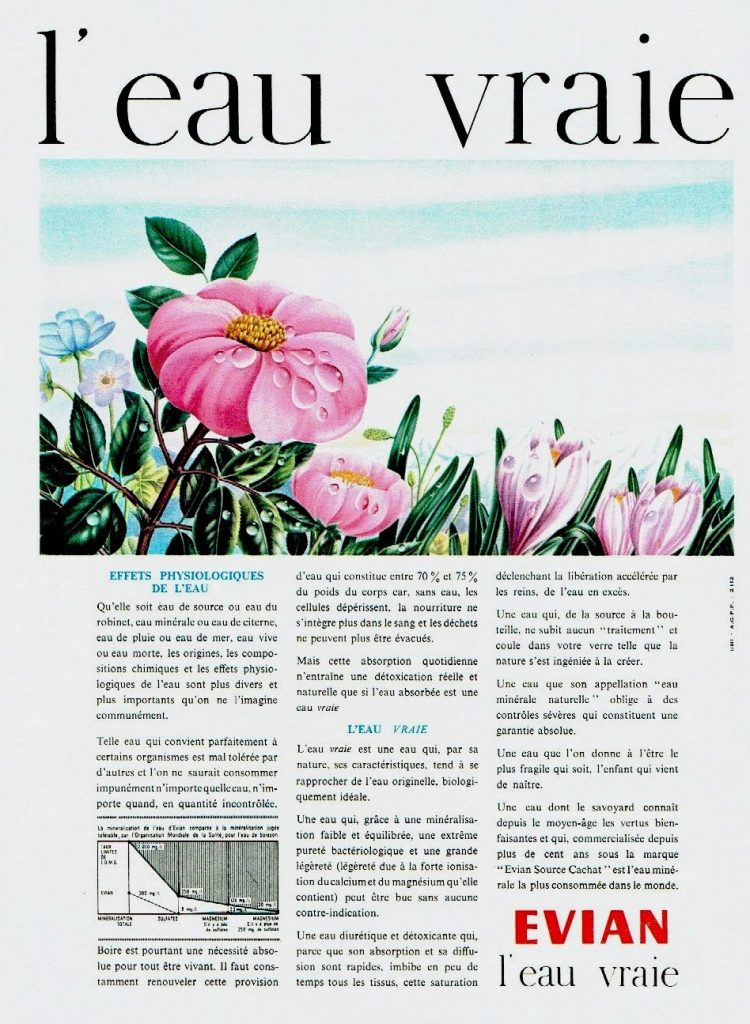 Publicité EVIAN - L'eau vraie - noir et blanc - Illustration de fleurs - Long rédactionnel sur trois colonnes - Schéma - 1964