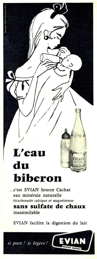 Publicité EVIAN - Si pure ! Si légère ! - Illustration en noir et blanc - L'eau du biberon - Femme donne le biberon à son bébé - 1958