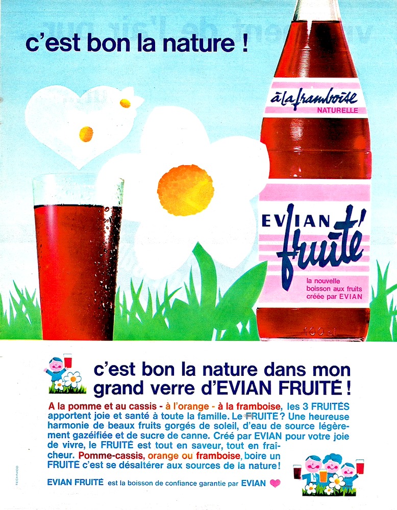 Publicité evian Fruité - C'est bon la nature - Illustration d'une bouteille dans un champ fleuri - Parfum Framboise - 1964