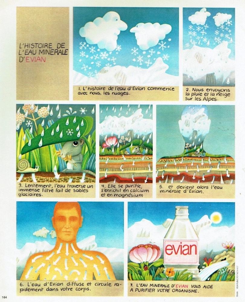 Publicité evian - L'histoire de l'eau minérale d'evian - Bande dessinée - Les nuages - Agence TBWA - 1977