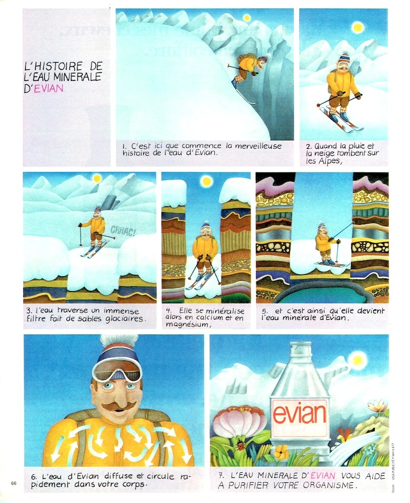Publicité evian - L'histoire de l'eau minérale d'evian - Bande dessinée - Le skieur - Agence TBWA - 1977