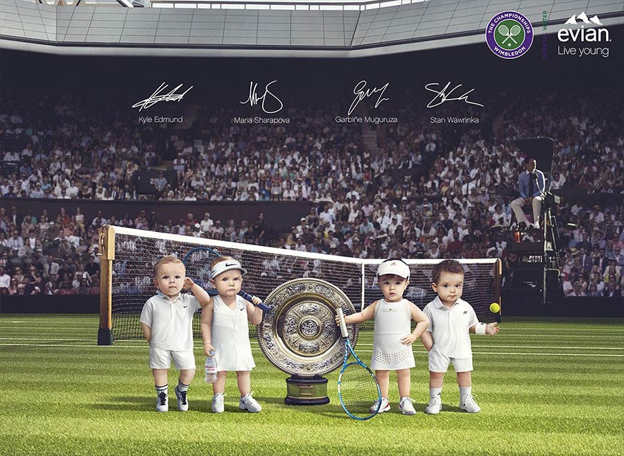 Publicité Evian - Live Young - Baby Bare Necessities - Des bébés sur le central de Wimbledon - Les signatures de Kyle Edmund, Maria Sharapova, Garbine Mukuraza et Stan Wawrinka - Agence BETC Paris - 2019
