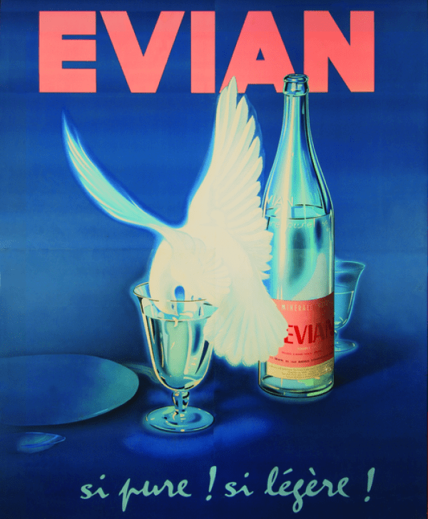 Publicité Evian - Si pure ! Si légère ! Colombe boit dans le verre d'eau - Illustration Saint Geniés - 1957