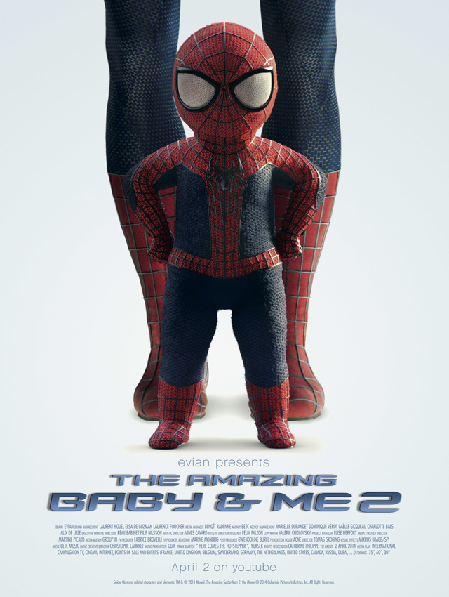 Publicité evian - The Amazing Spiderman - Baby Spiderman devant Spiderman - Teaser pour le lancement du film le 02 avril 2014 sur YouTube - Agence BETC - 2014