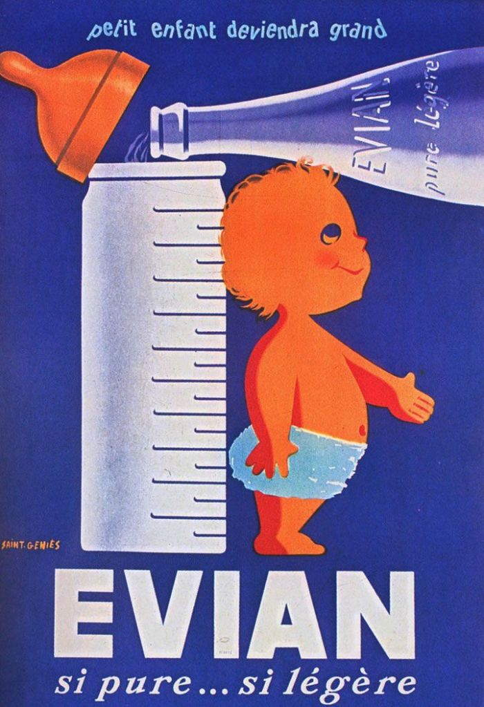 Publicité EVIAN - Si pure... Si légère - Illustration Saint Géniés - Enfant aussi grand qu'un biberon - Petit enfant deviendra grand