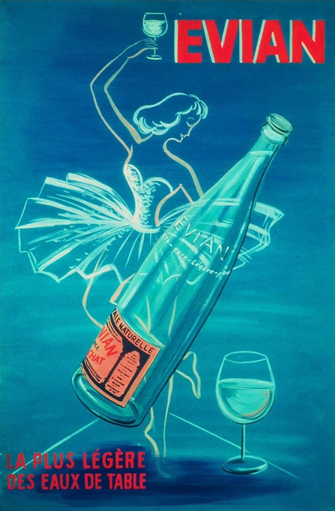 Publicité Evian - La plus légère des eaux de table - Une ballerine tient un verre d'Evian à la main - Illustration