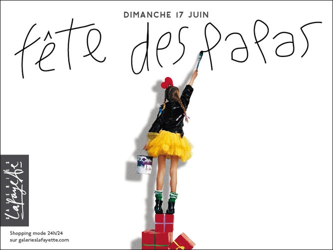 Publicité Galeries Lafayette - Fête des pères - Jeune fille un seau de peinture à la main, écrit Fête des papas - Agence Aubert Storch associés - Jean Paul Goude
