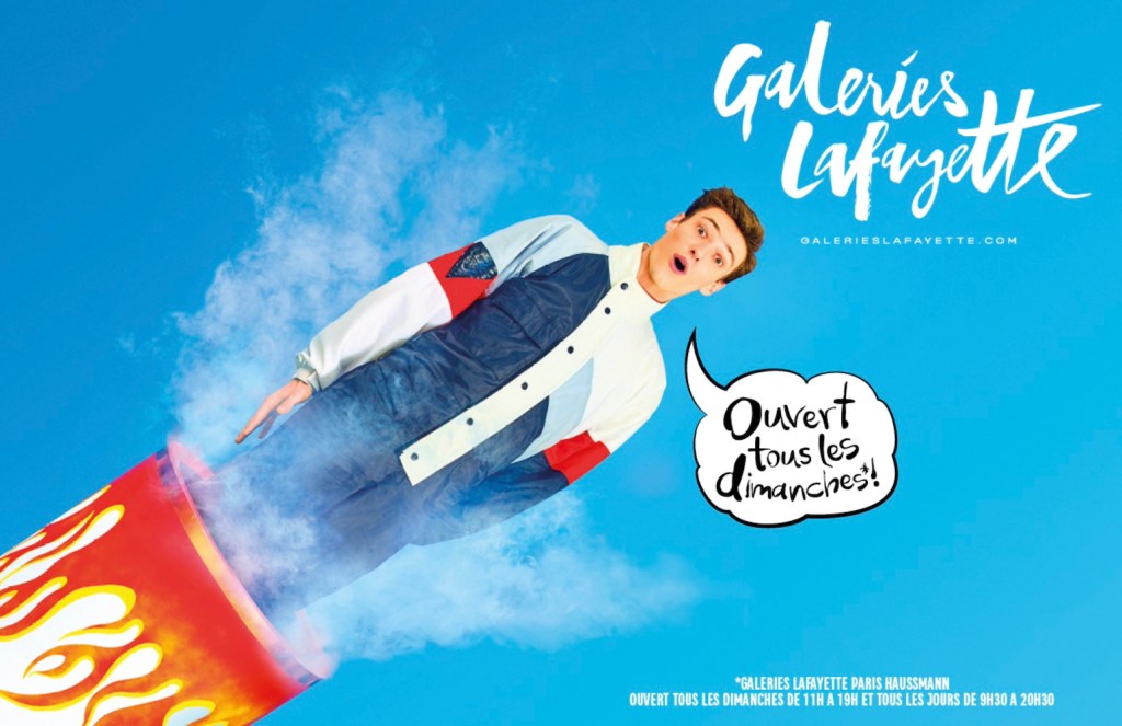 Publicité Galeries Lafayette - Toilet Paper - direction artistique Maurizio Cattelan et Pierpaolo Ferrari - Ouvert tous les dimanches - Homme canon - Agence Wednesday - 2017