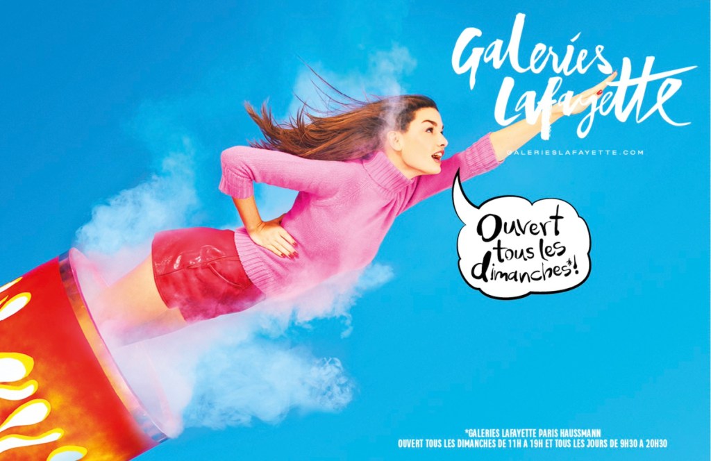 Publicité Galeries Lafayette - Toilet Paper - direction artistique Maurizio Cattelan et Pierpaolo Ferrari - Ouvert tous les dimanches - Femme canon - Agence Wednesday - 2017