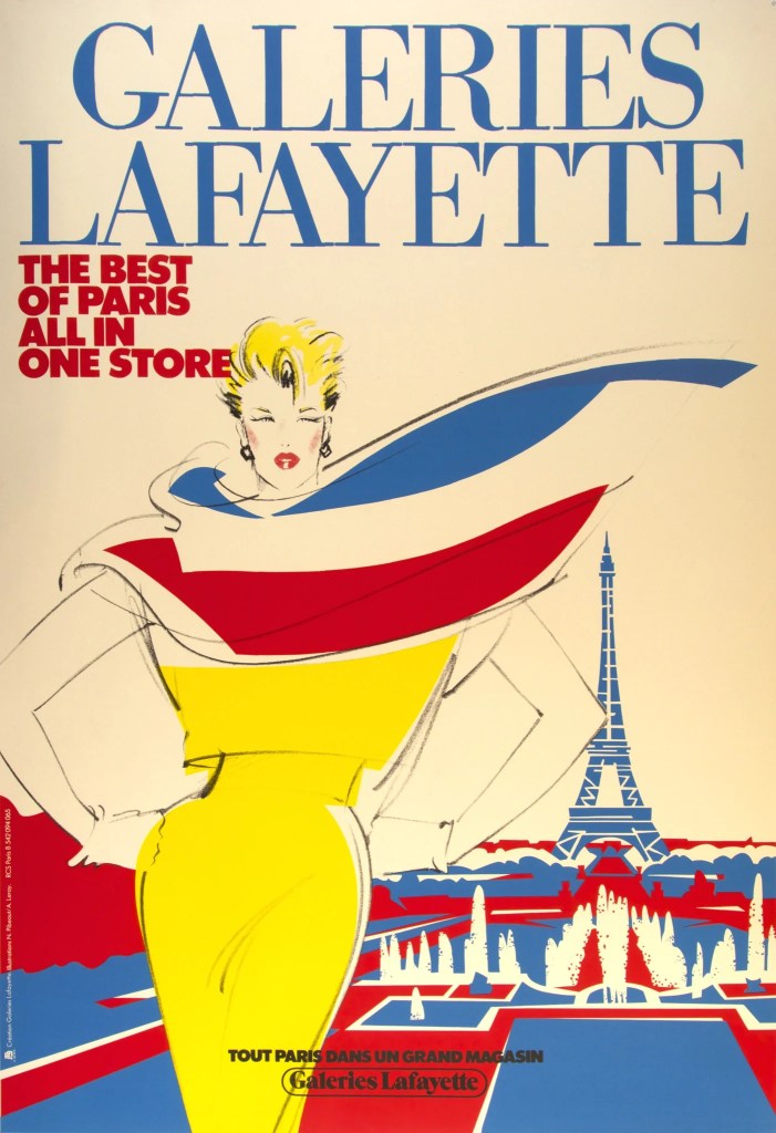 Publicité Galeries Lafayette - The best of Paris all in store - Illustration - Femme blonde avec ensemble jaune et écharpe bleu-blanc-rouge au Trocadéro