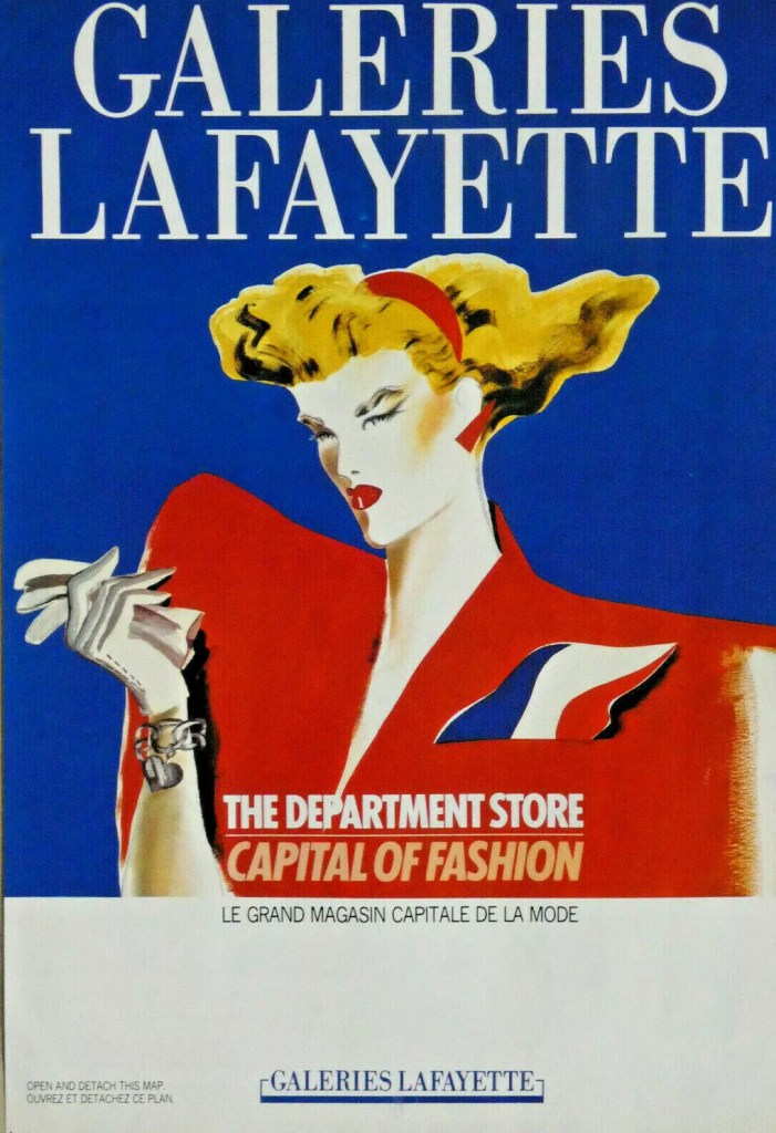 Publicité Galeries Lafayette - The department store Capital of fashion - Illustration - Femme blonde avec tailleur rouge à épaules carrés - 1985