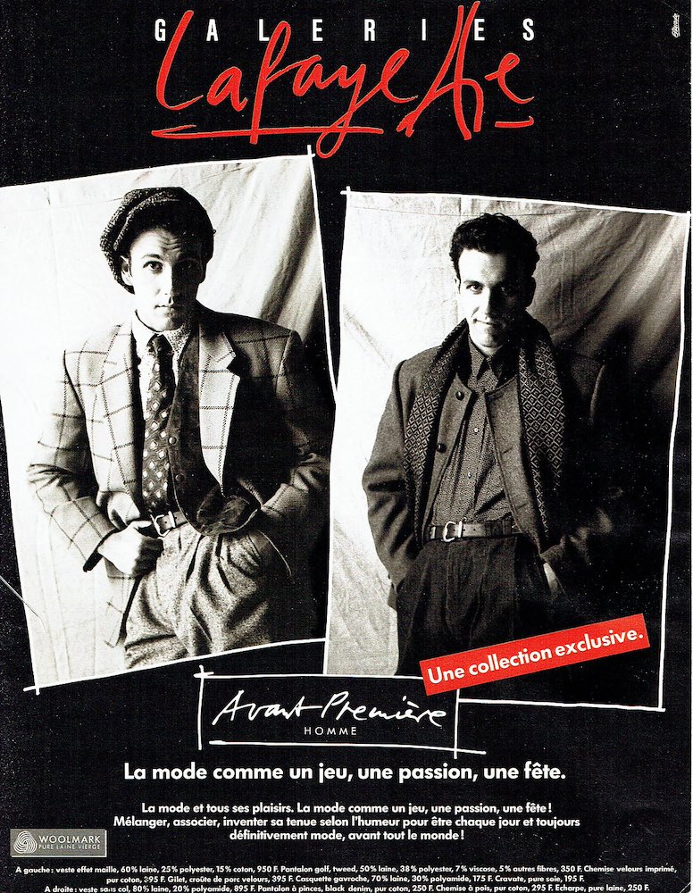 Publicité Galeries Lafayette - Avant-Première Homme - Deux hommes en costume - noir et blanc - 1989
