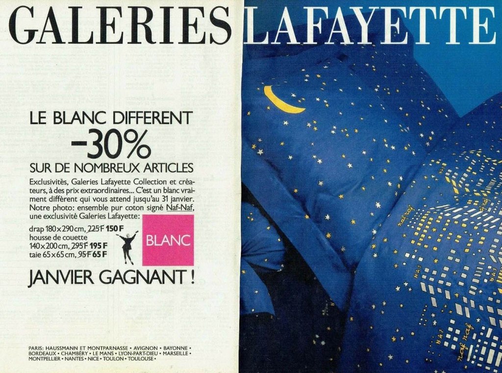 Publicité Galeries Lafayette - Le blanc différent - double page - image de drap présentant une ville étoilée - 1987