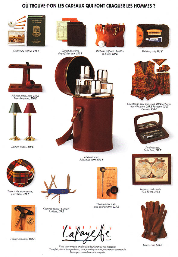 Publicité Galeries Lafayette - Où trouve-t-on les cadeaux qui font craquer les hommes - Accumulation d'objets dans des tons marron et jaune - Agence Eldorado - 1993
