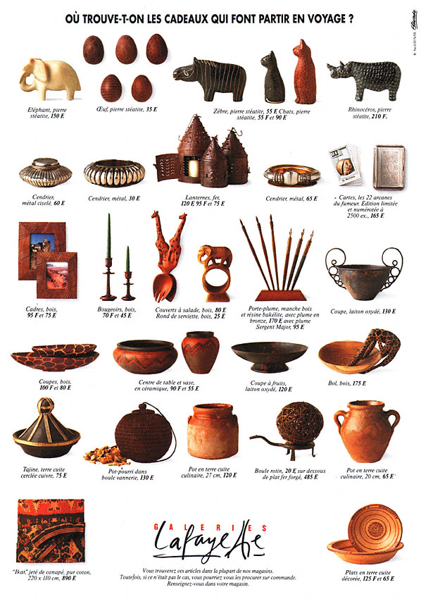 Publicité Galeries Lafayette - Où trouve-t-on les cadeaux qui font partir en voyage - Accumulation d'objets provenant du monde entier - Agence Eldorado - 1993