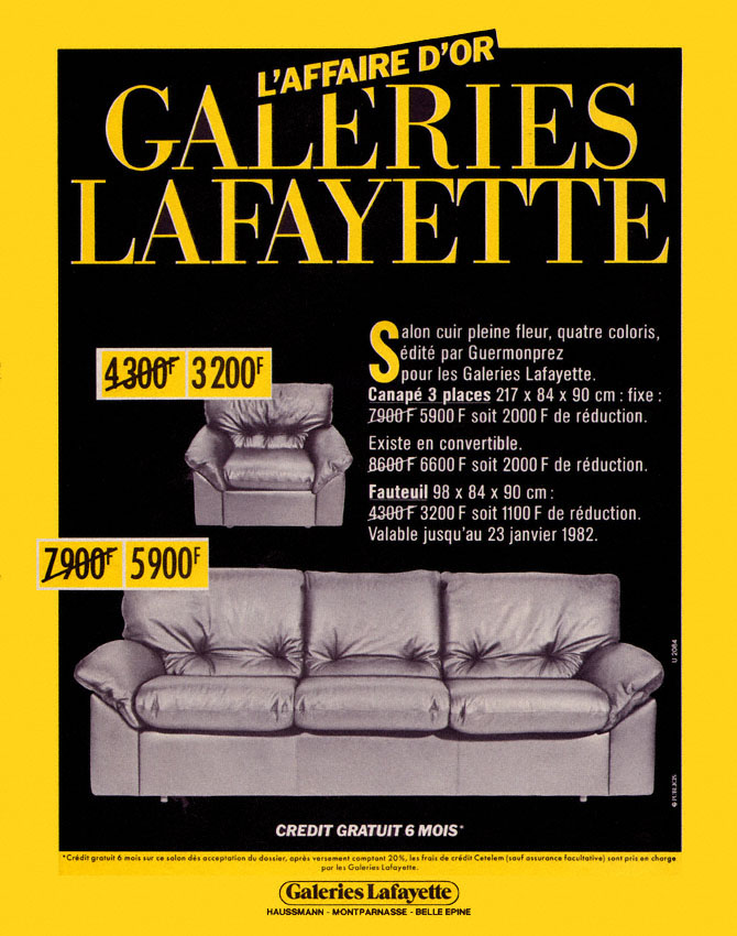 Publicité Galeries Lafayette - L'affaire d'or - Image d'un canapé et d'un fauteuil - 1981