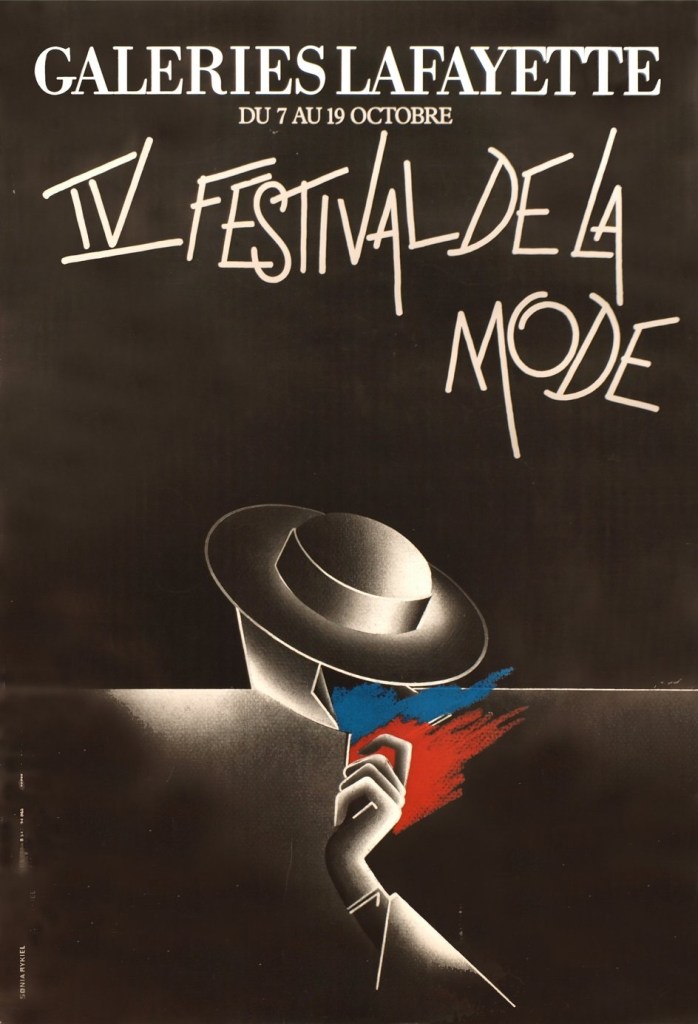 Publicité Galeries Lafayette - 4ème Festival de la mode - Illustration Sonia Rykiel - Main féminine et chapeau - 1984