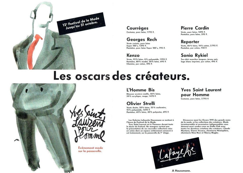 Publicité Galeries Lafayette - Les oscars des créateurs - Illustration d'un costume signé Yves St Laurent - 1991
