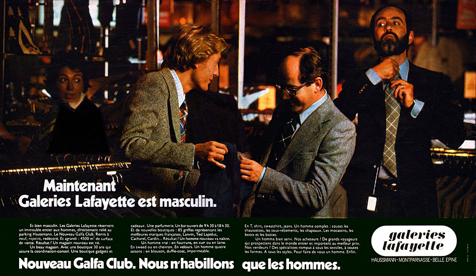 Publicité Galeries Lafayette - Nouveau Glafa Club - Maintenant Galeries Lafayette est masculin - 3 hommes en costume - 1974