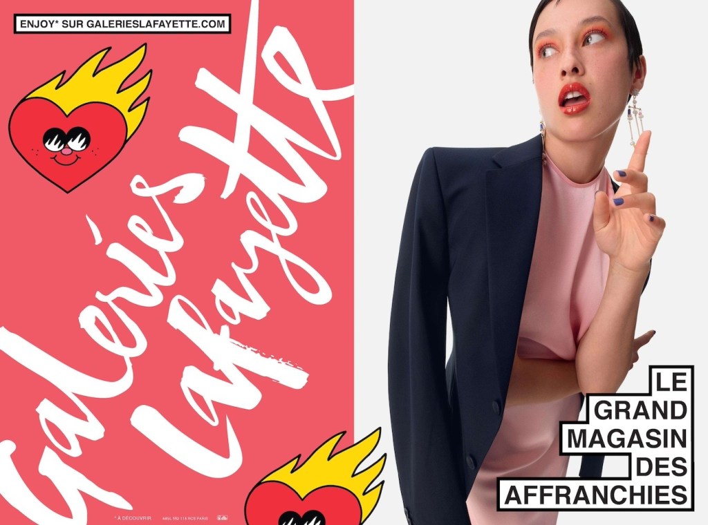 Publicité Galeries Lafayette - Le grand magasin de tous - Enjoy sur Galerieslafayette.com - Affranchies - Femme avec veste sur l'épaule lève le doigt - Agence DDB - 2021