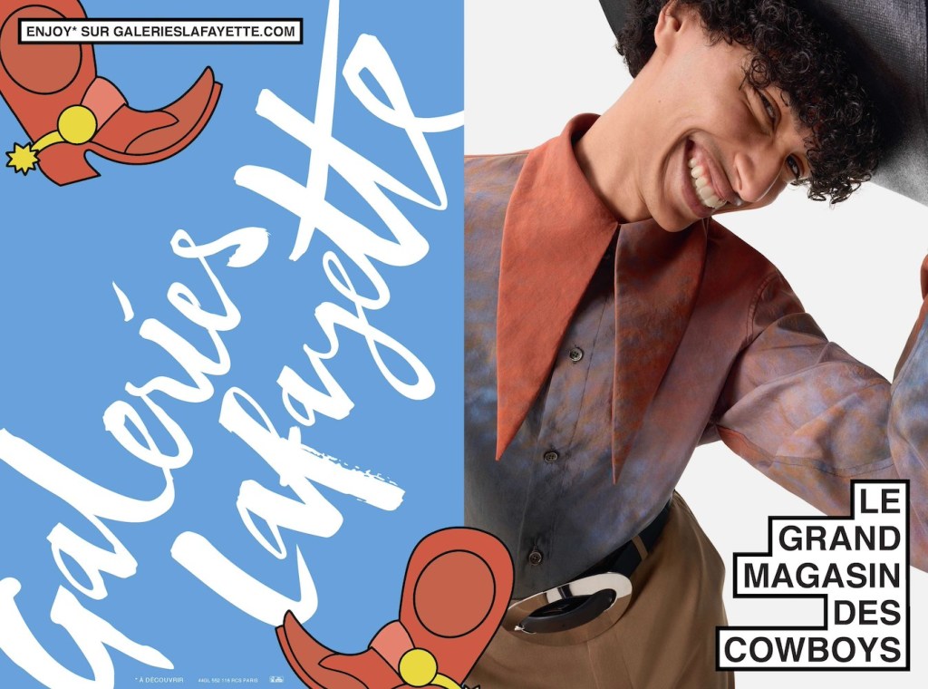 Publicité Galeries Lafayette - Le grand magasin de tous - Enjoy sur Galerieslafayette.com - Cowboys - Homme déguisé en cowboy avec col très grand - Agence DDB - 2021