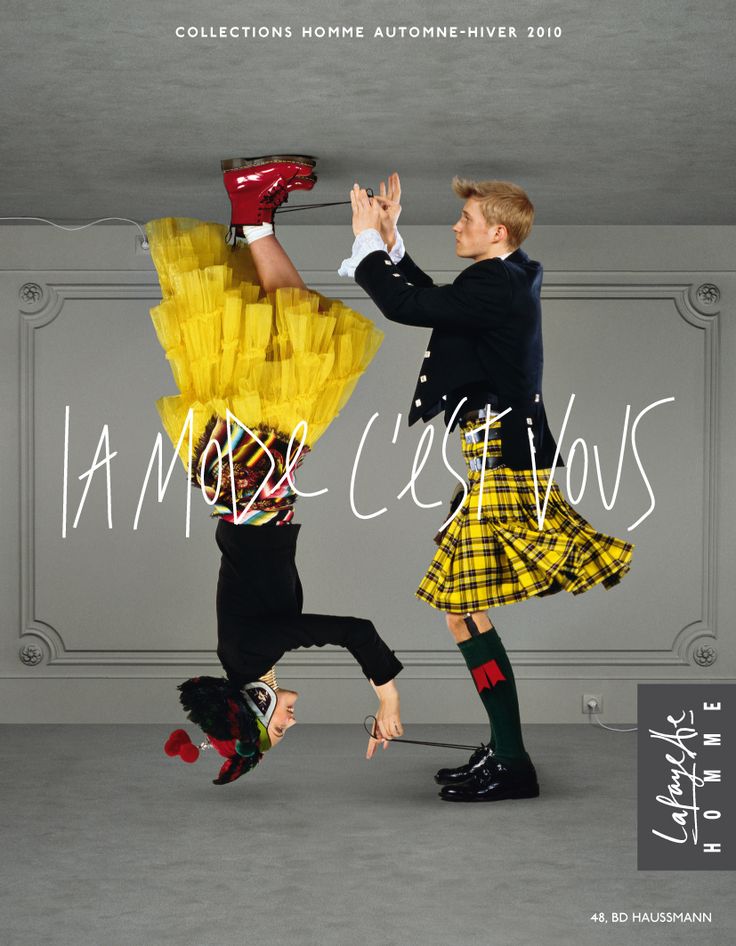 Publicité Galeries Lafayette - L'homme - La mode c'est vous - Personnes têtes bêches en kilt et jupe - Agence Aubert Storch associés - Jean Paul Goude - 2010