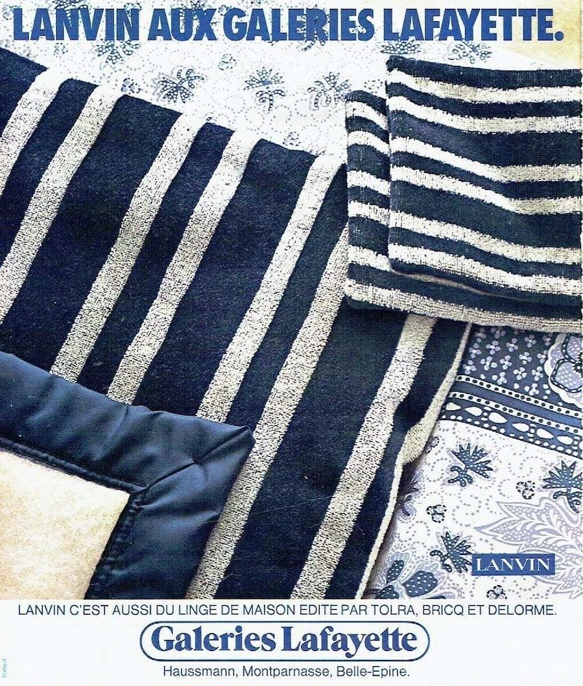 Publicité Galeries Lafayette - Lanvin aux Galeries Lafayette - Des serviettes et draps mis en scène - 1978