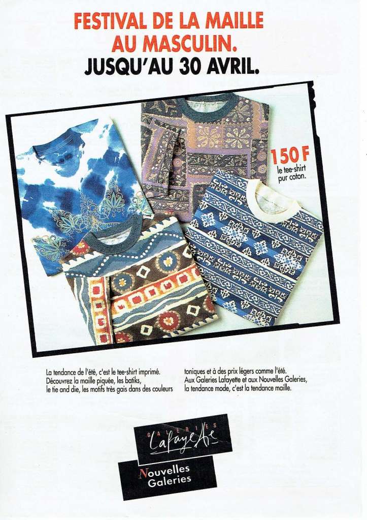 Publicité Galeries Lafayette - Festival de la maille au masculin - 4 pulls dans un cadre noir - 1994