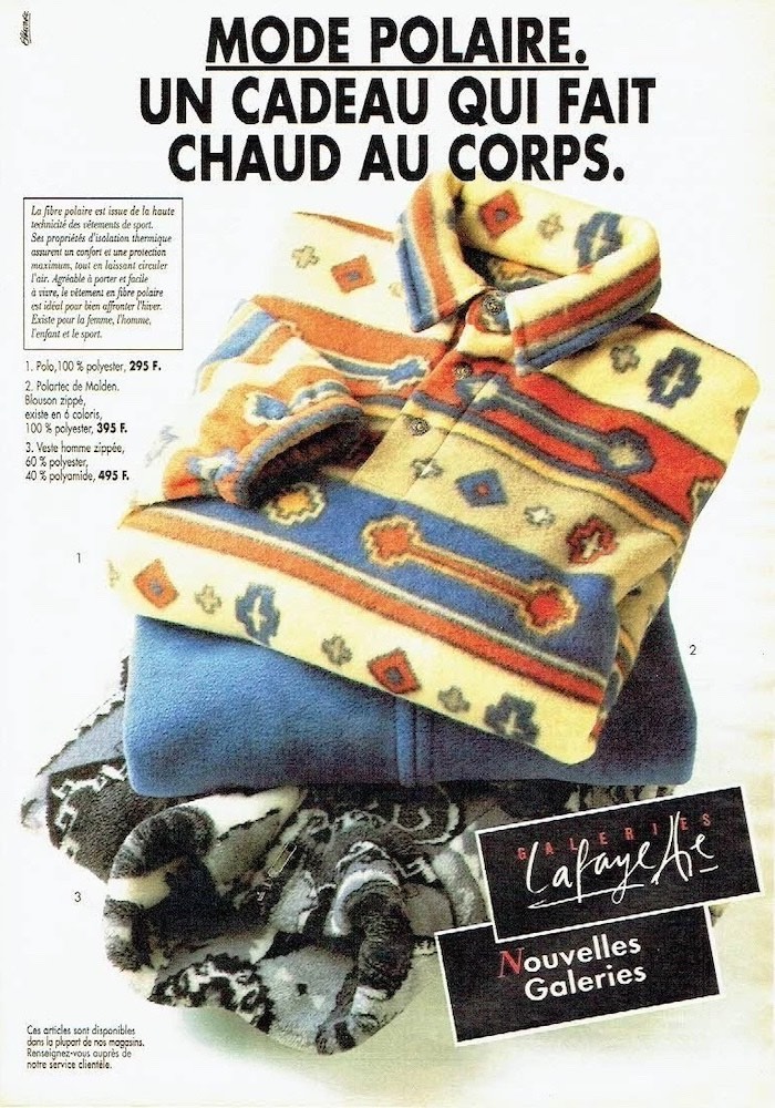 Publicité Galeries Lafayette - Mode polaire - Un cadeau qui fait chaud au coeur - 3 polaires en pile mises en scène - 1993