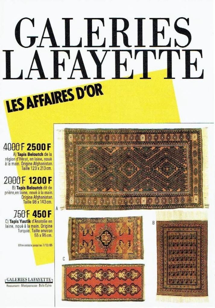 Publicité Galeries Lafayette - Les affaires d'or - Plusieurs tapis mis en scène et les prix sont indiqués - 1985