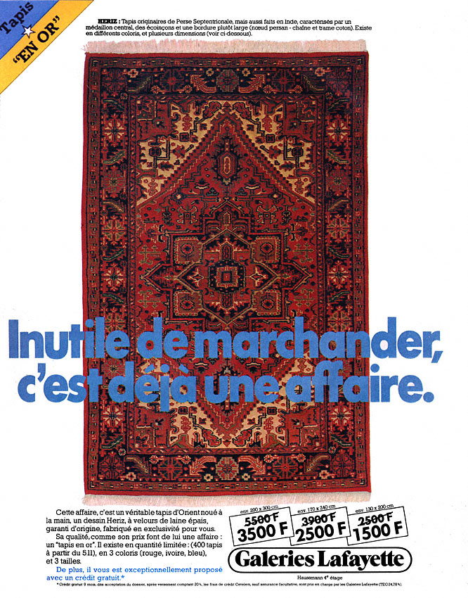 Publicité Galeries Lafayette - Inutile de marchander, c'est déjà une affaire - Tapis mis en scène - 1980