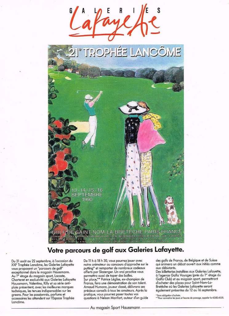 Publicité Galeries Lafayette - 21ème trophée Lancôme - Illustration de femmes regardant un golfeur - 1990