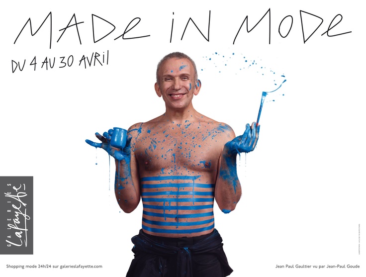 Publicité Galeries Lafayette - Made in mode - Jean Paul Gaultier pinceau à la main, s'est dessiné sur le corps des rayures bleues - Agence Aubert Storch associés - Jean Paul Goude