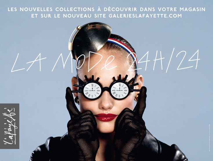 Publicité Galeries Lafayette - La mode 24h/24 - Femme vêtue de noir avec des lunettes horloge - Agence Aubert Storch associés - Jean Paul Goude