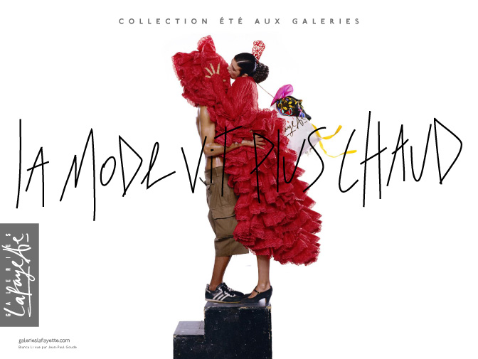 Publicité Galeries Lafayette - La mode vit plus chaud - Danseuse de flamenco embrasse un homme masqué par sa robe - Agence Aubert Storch associés - Jean Paul Goude