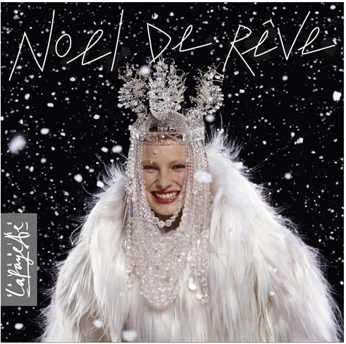 Publicité Galeries Lafayette - Noël de rêve - Femme tout en fourrure blanc avec un diadème original - Agence Aubert Storch associés - Jean Paul Goude