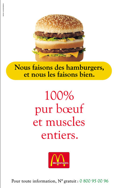 Publicité McDonald's - Nous faisons les hamburgers et nous les faisons bien - 100% pur boeuf et muscles entiers - Big Mac mis en scène sur fond blanc