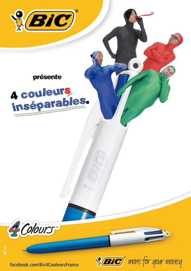 Publicité Bic - Bic 4 couleurs - Bic présente 4 couleurs inséparables - 4 personnages remplacent les boutons de couleurs du stylo - Agence Toy - 2013