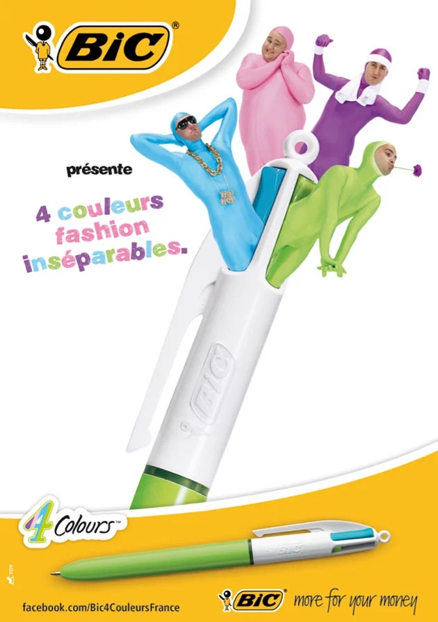 Publicité Bic - Bic 4 couleurs - Bic présente 4 couleurs fashion inséparables - 4 personnages remplacent les boutons de couleurs du stylo - Agence Toy - 2013