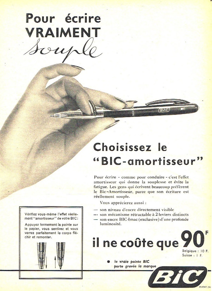 Publicité Bic - Crayon - Pour écrire vraiment souple, choisissez le Bic-amortisseur - Main tenant un crayon - Agence Française de Propagande - 1958