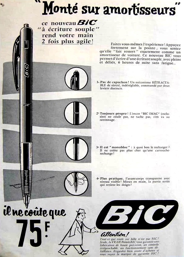 Publicité Bic - Crayon - Monté sur amortisseurs - Ce nouveau Bic à écriture souple rend votre main deux fois plus agile - Crayon découpé en 4 éléments - Agence Française de Propagande - 1956