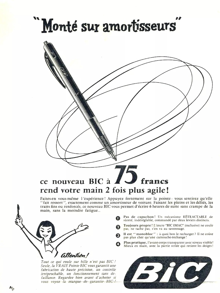Publicité Bic - Crayon - Monté sur amortisseurs - Ce nouveau Bic à 75 francs rend votre main deux fois plus agile - Crayon faisant un trait continu - Agence Française de Propagande - 1956