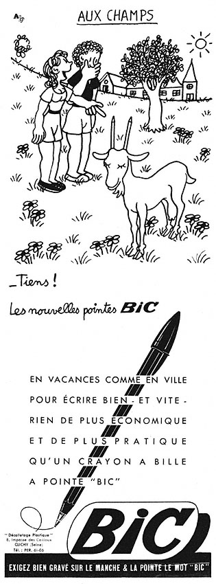 Publicité Bic - Crayon - Tiens ! Les nouvelles pointes Bic - Aux champs - Couple dans un pré à côté d'une chèvre - Illustration Jean Effel - Agence Française de Propagande - 1951