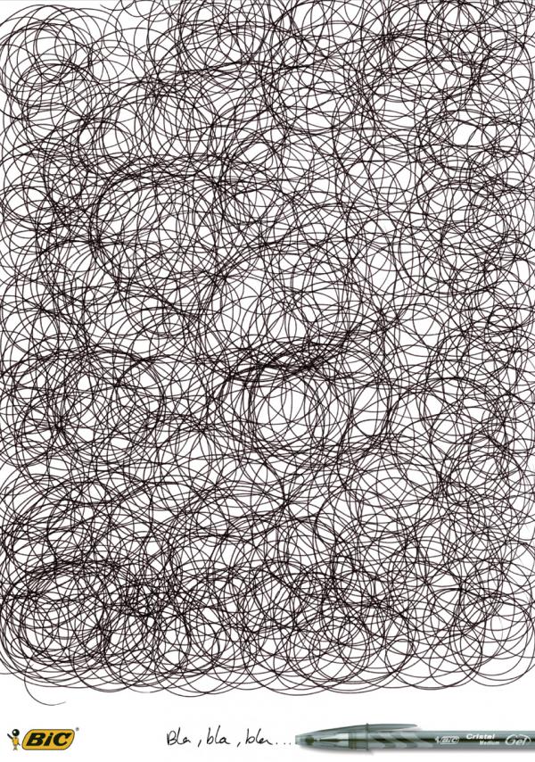 Publicité Bic - Stylo - Bla,bla,bla... - Des gribouillis en noir, le stylo posé en bas à droite - Agence Delvico Bates - Espagne - 2007