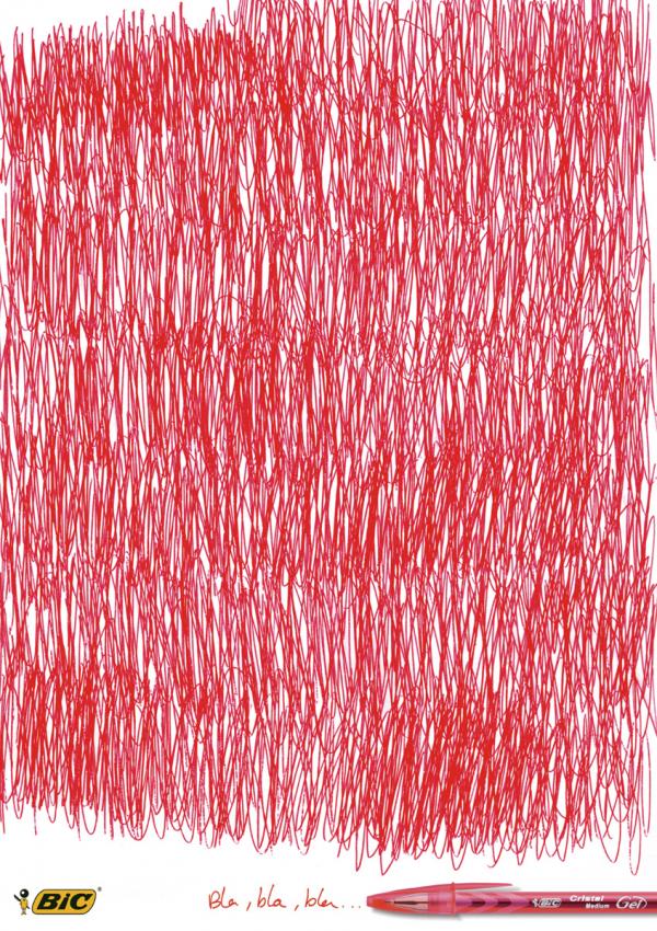 Publicité Bic - Stylo - Bla,bla,bla... - Des gribouillis en rouge, le stylo posé en bas à droite - Agence Delvico Bates - Espagne - 2007